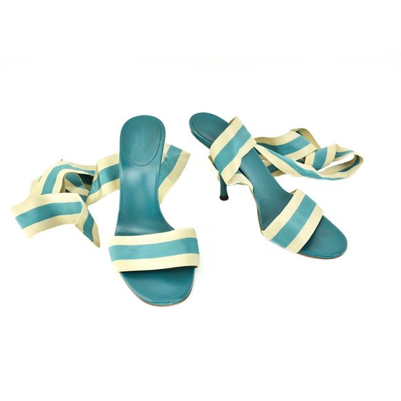 GUCCI Beige/Teal Blue "Web Stripe" & Leather Heels - Picture 1 of 11